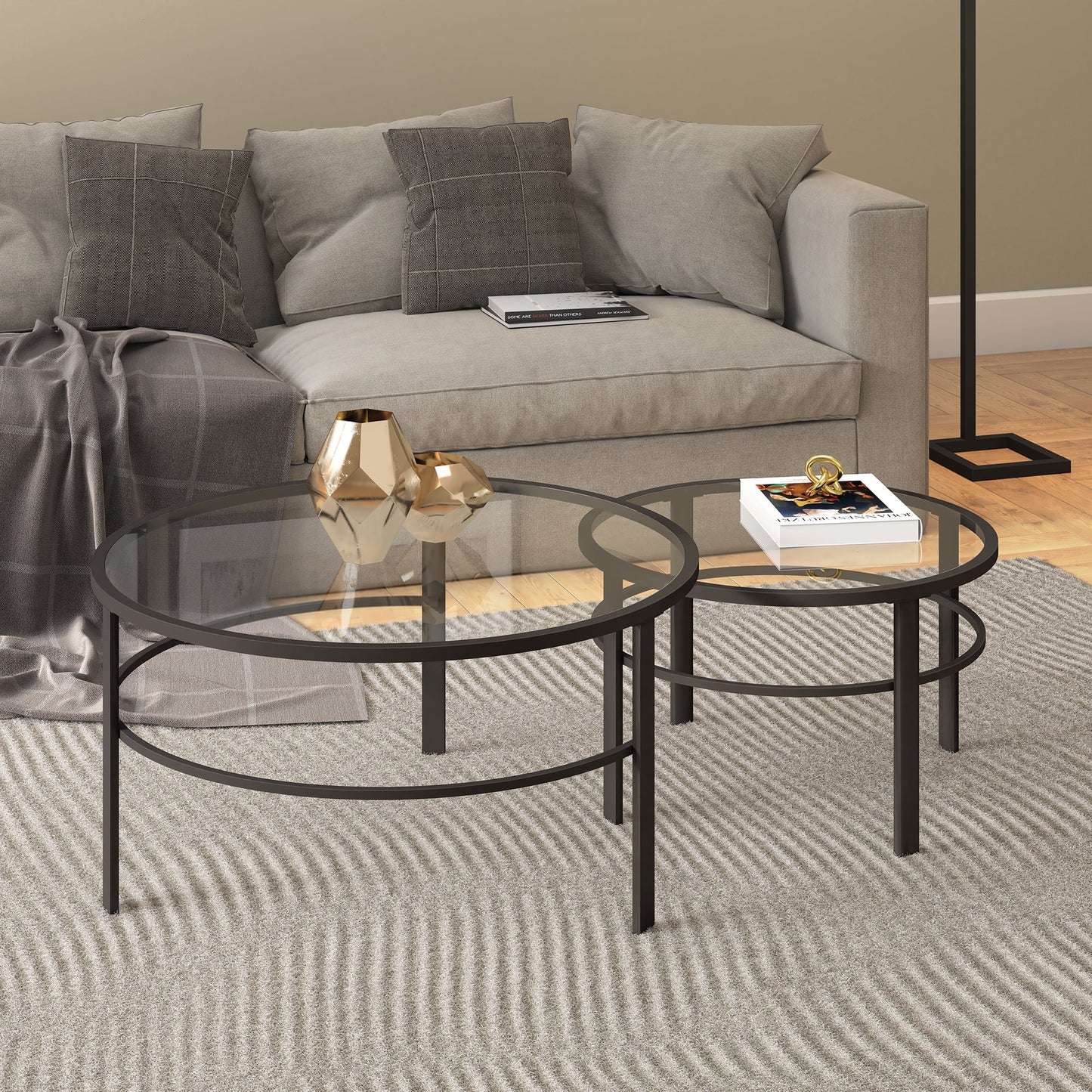 Gaia round Glass 2pc Coffee Table, Blackened Bronze