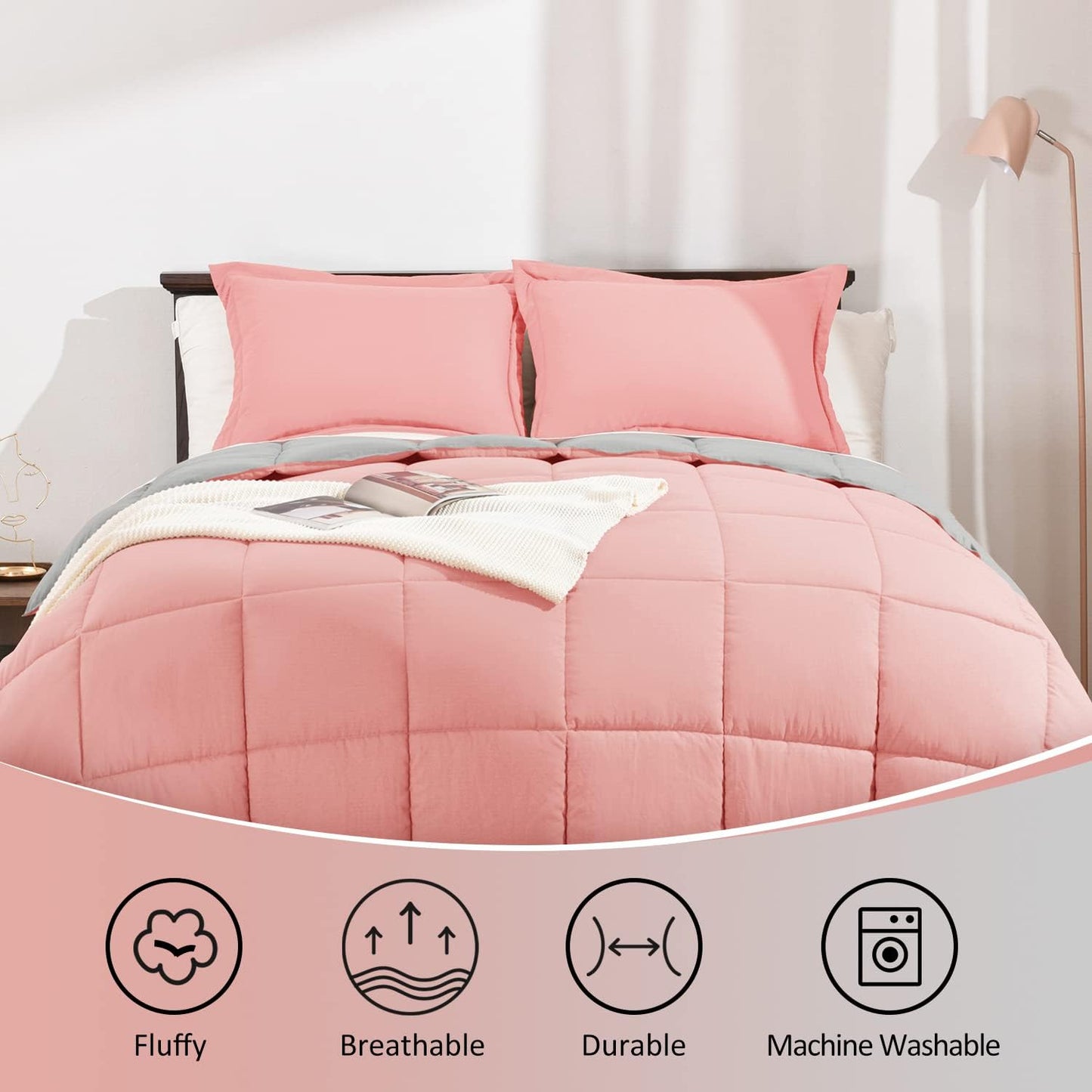 Twin Comforter Set - Fluffy Twin Bed Comforter Set - Reversible Pink and Grey Twin - 2 Pieces (1 Comforter + 1 Pillow Sham)