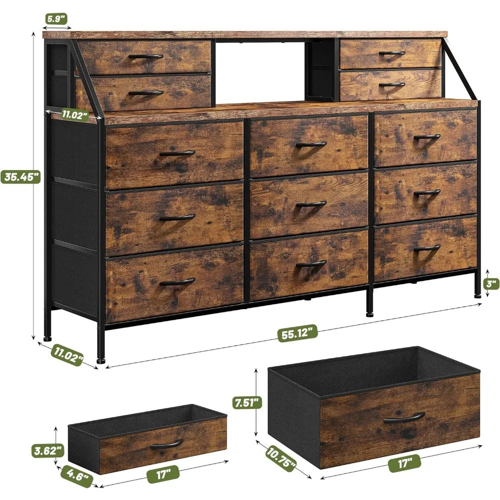 55”W Dresser with 13 Large Drawer, Dressers with 2 Shelves