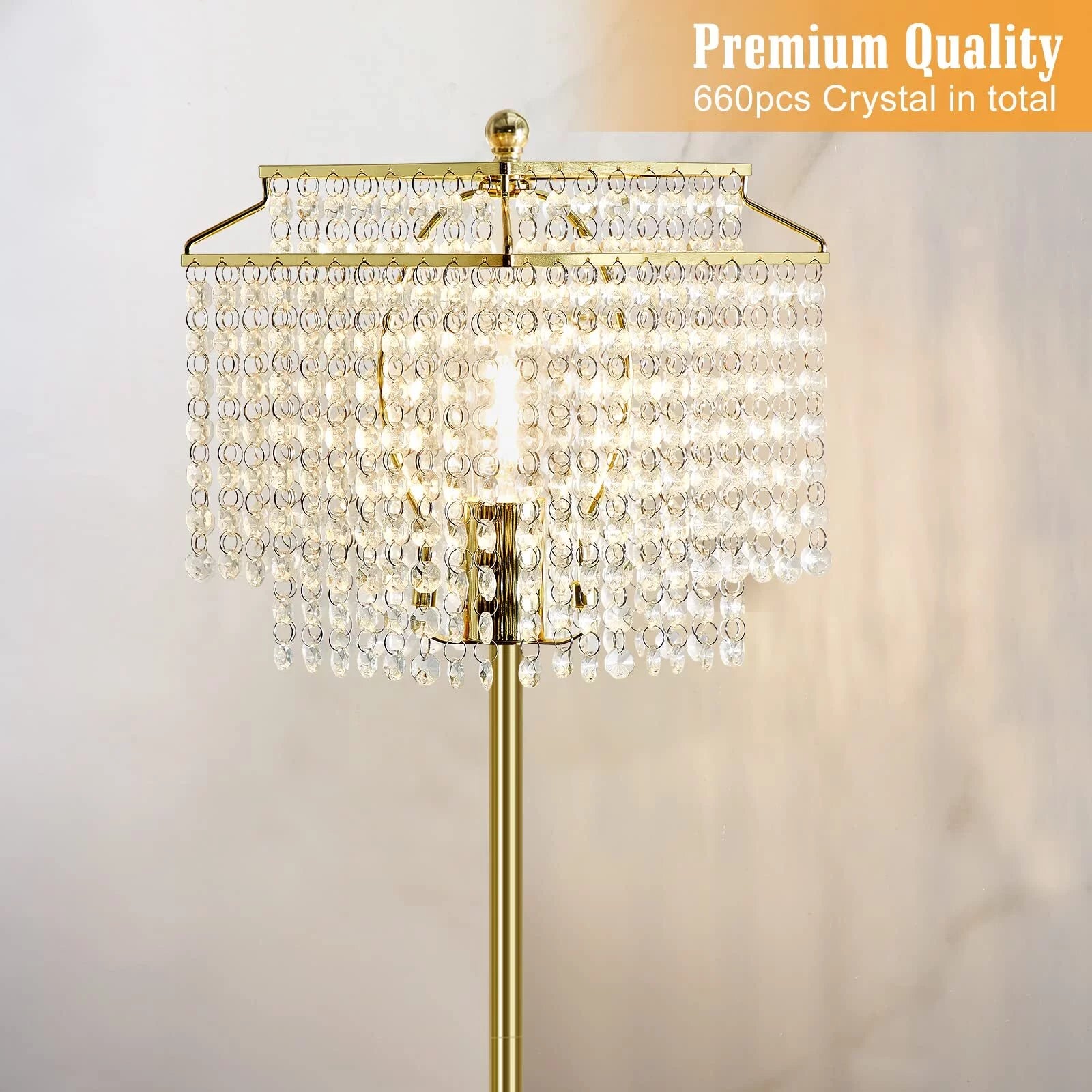 Crystal Floor Lamp Gold, Modern Double-Layer Lampshade, Elegant Standing Lamp with On-Off Foot Switch