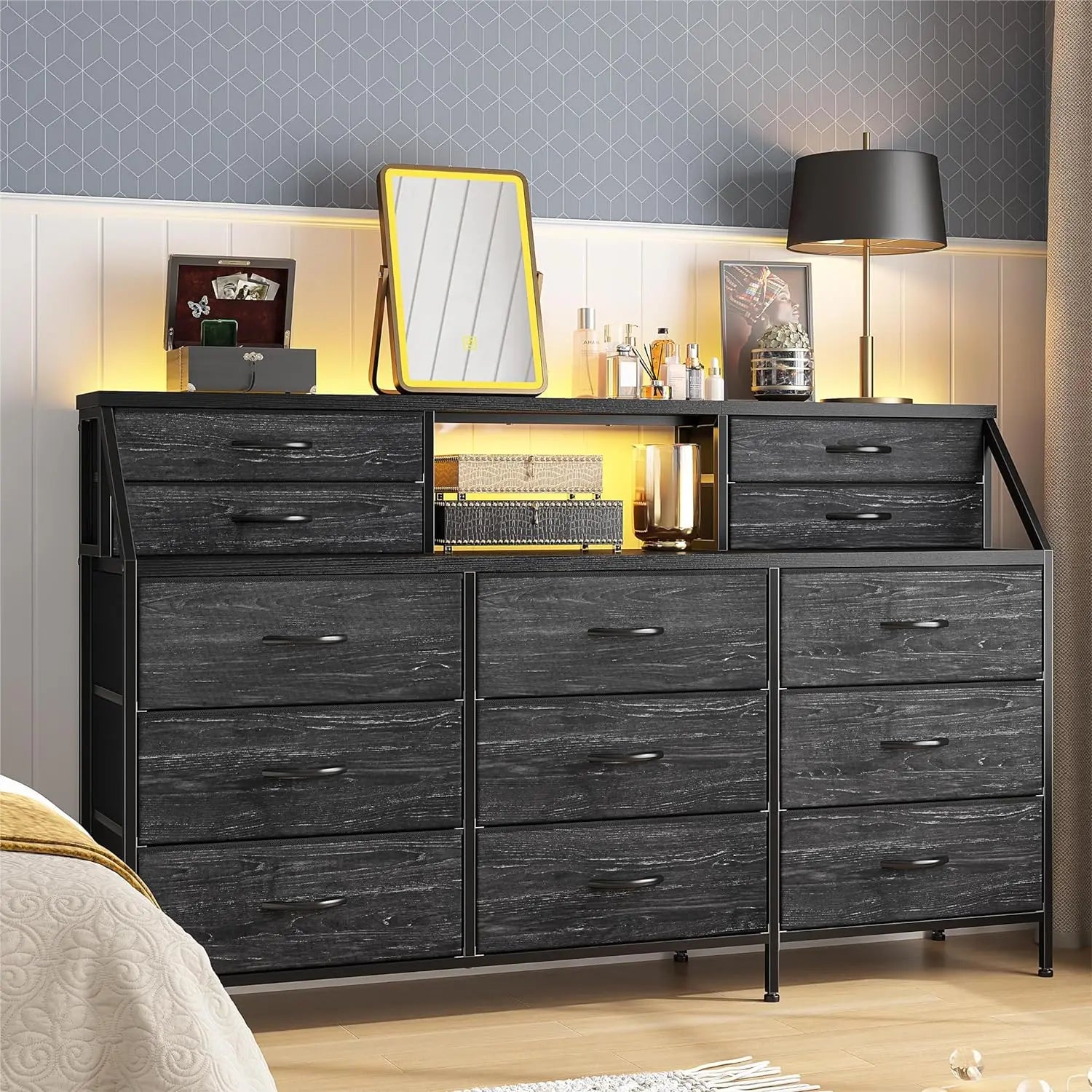 55”W Dresser with 13 Large Drawer, Dressers with 2 Shelves