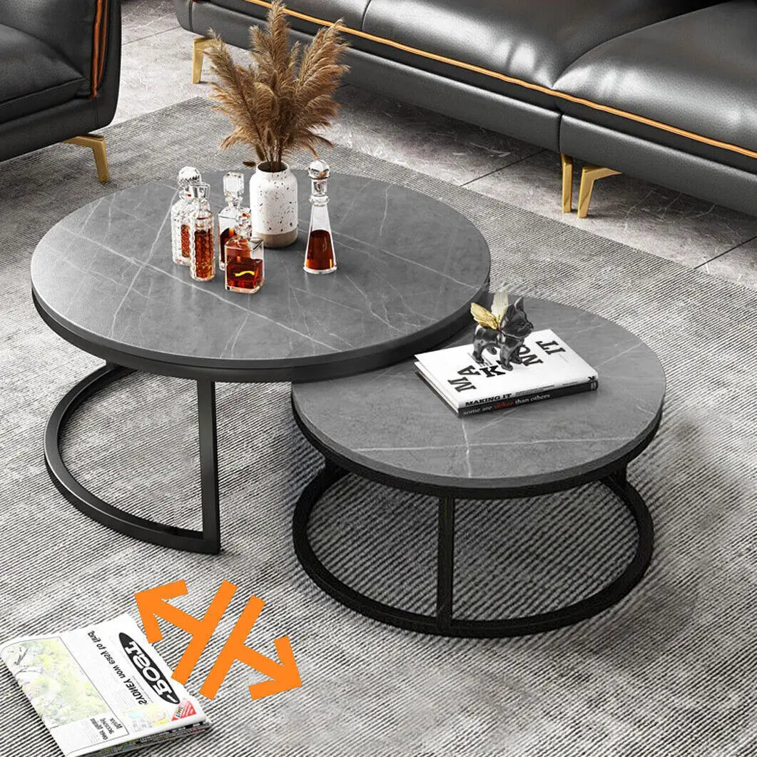 Modern Nesting round Grey Marble Top Coffee Table, Metal Legs