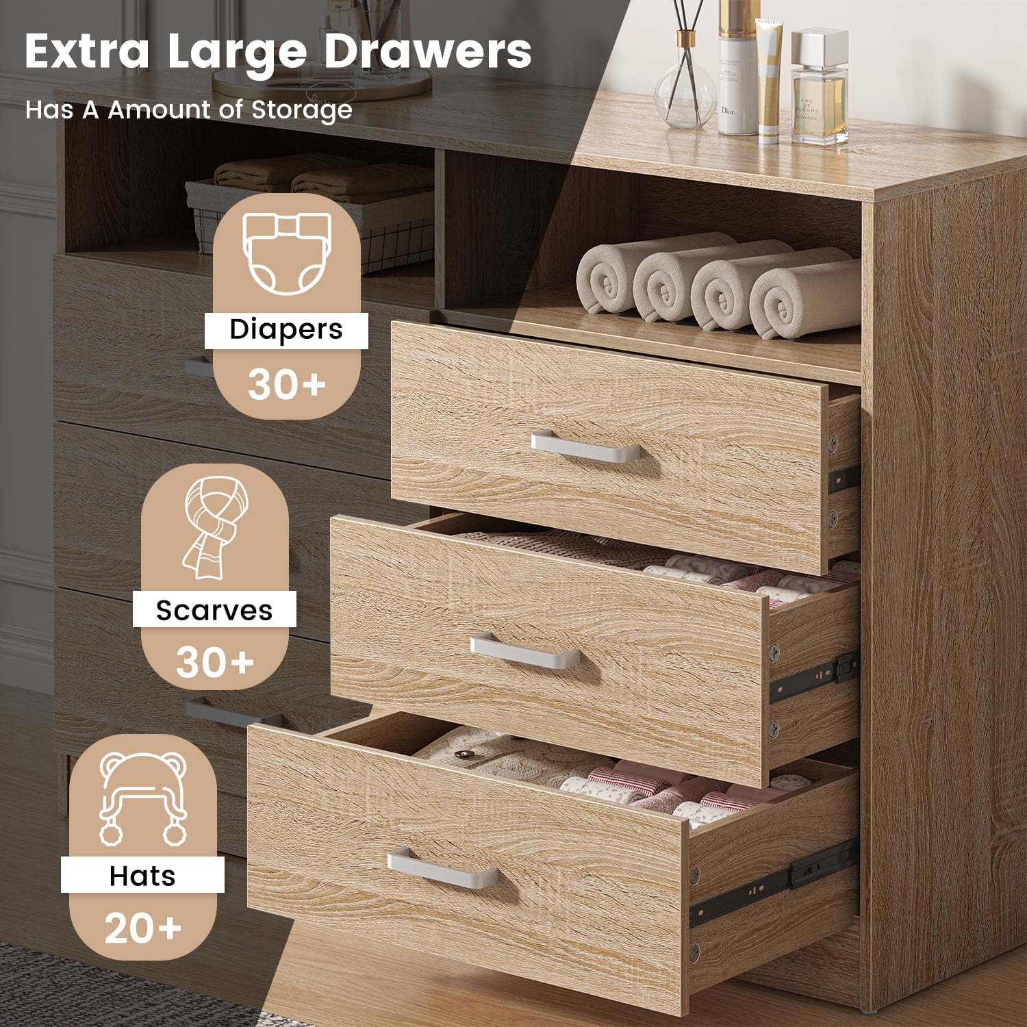 6 Drawers Dresser, 2 Open Cubby, Light Oak