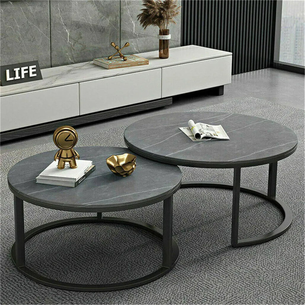 Modern Nesting round Grey Marble Top Coffee Table, Metal Legs