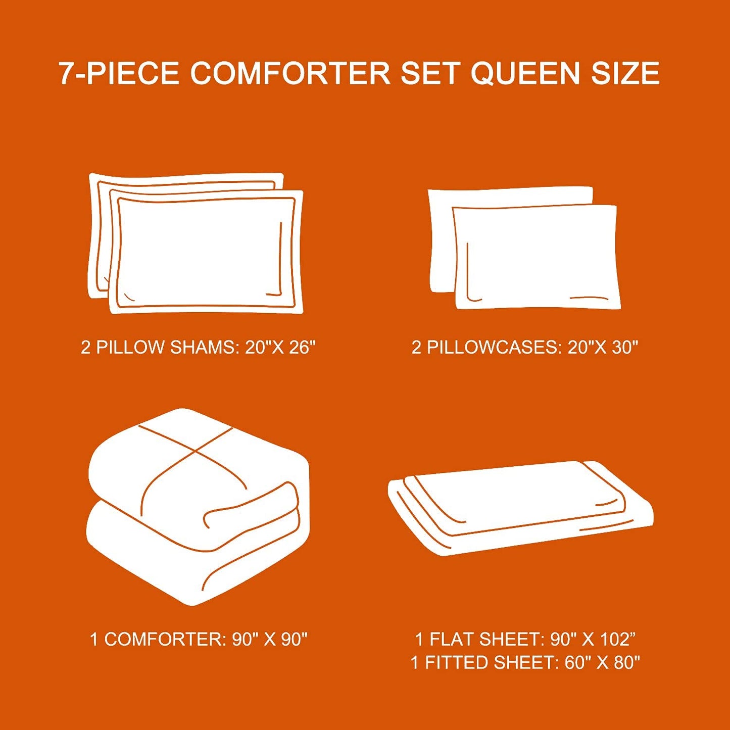 Fall Boho Comforter Set Queen,7 Pieces Autumm Orange Bohemian (1 Comforter,2 Pillowcases,1 Flat Sheet,1 Fitted Sheet,2 Pillow Shams)