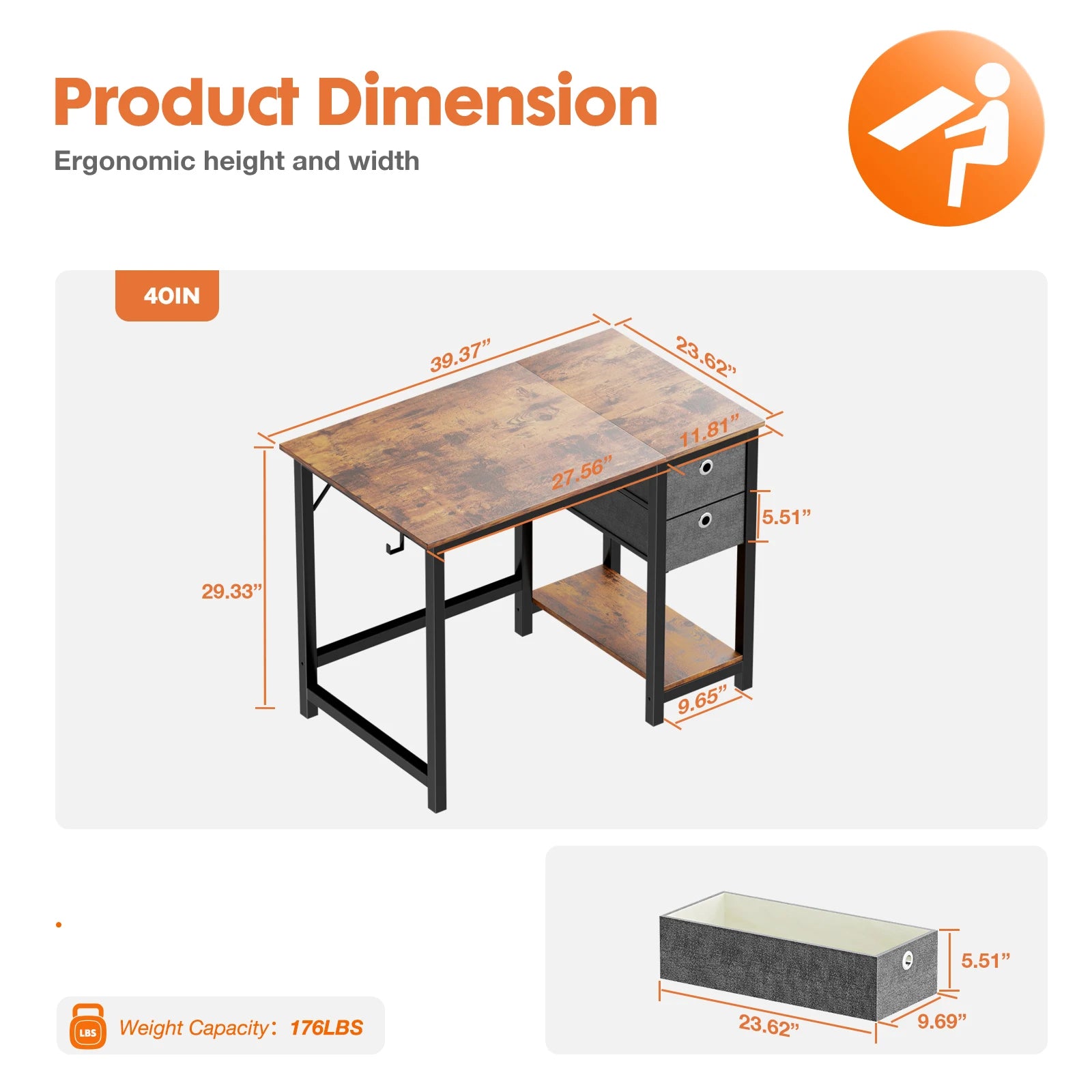 Computer Desk with Drawers 55 Inch, with 2-Tier Drawers