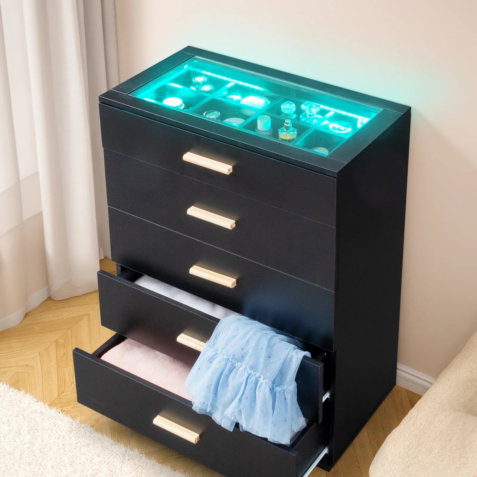 Black Chest with LED Lights, 5 Drawer with Tempered Glass Top, Grid Drawer