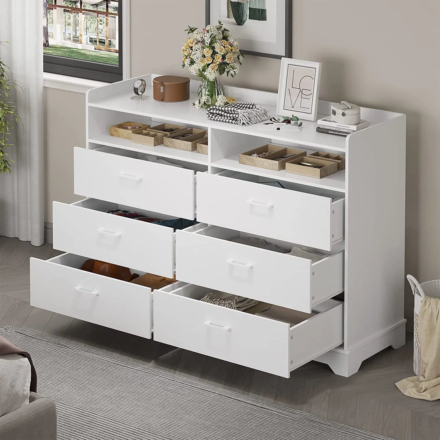 6 Drawers Dresser, 2 Open Cubby, White