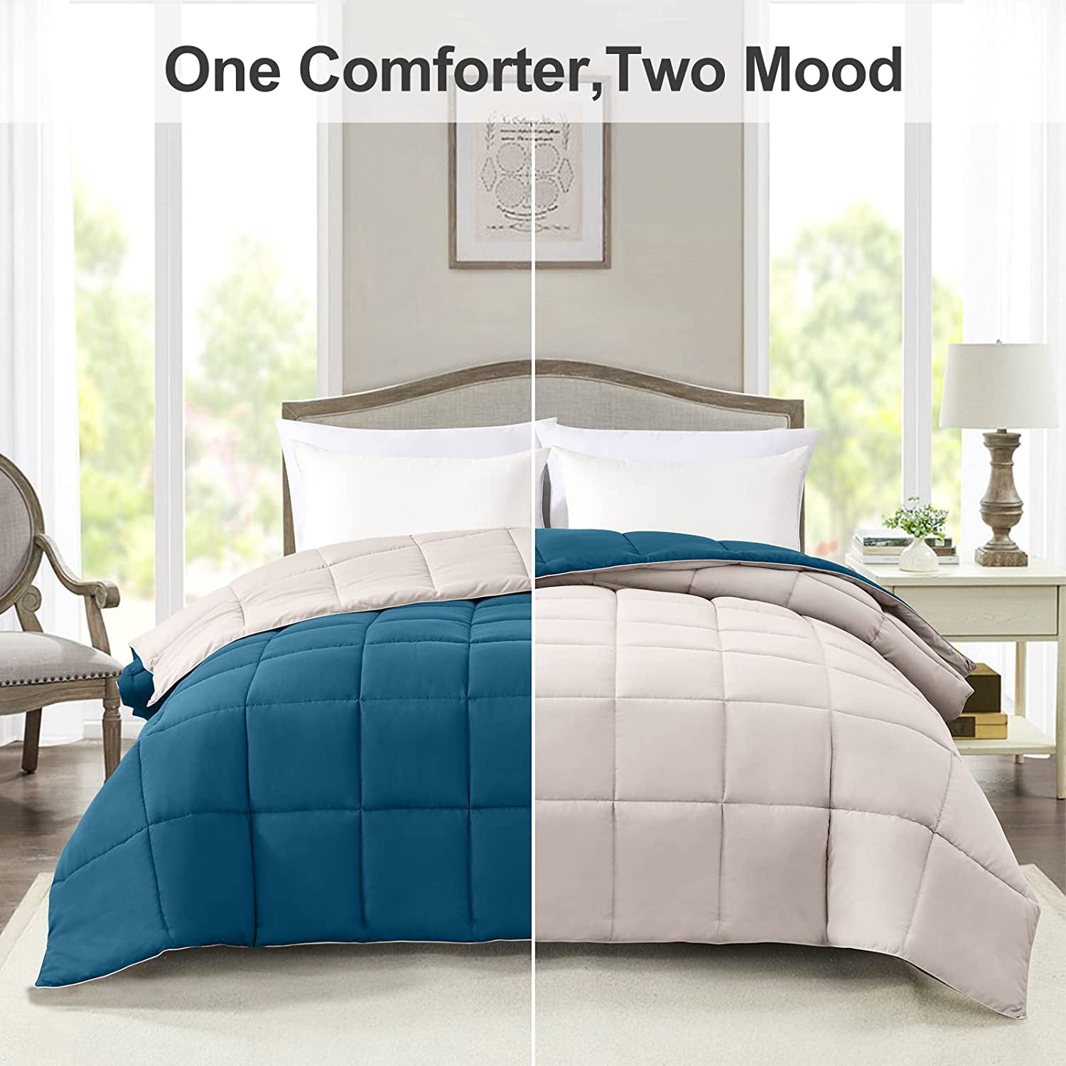 Lightweight King Comforter - Teal down Alternative Bedding Comforters King Size, Reversible Comforter- King Size Teal/Ivory