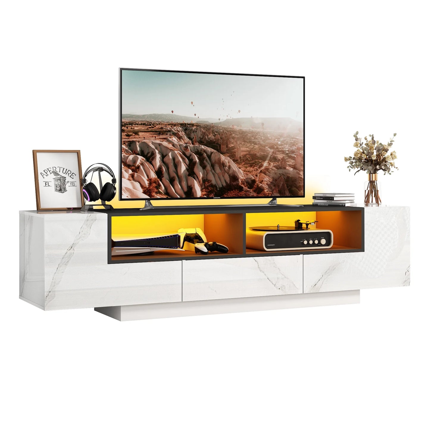 LED TV Stand for up to 80" Tvs, Modern 70 Inch with 2-Door Cabinets & 1 Drawer Storage, Marble White