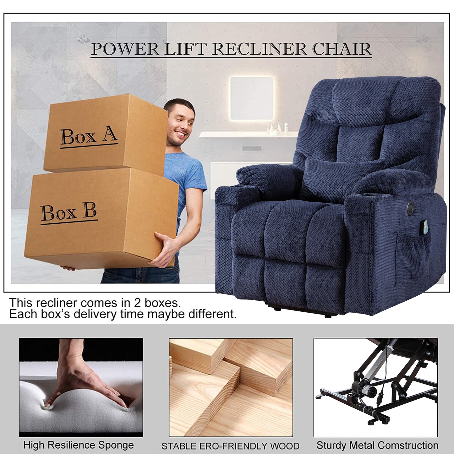 Power Lift Recliner Chairs Velvet Electric Recliner with Vibration Massage & Heat Function, Blue