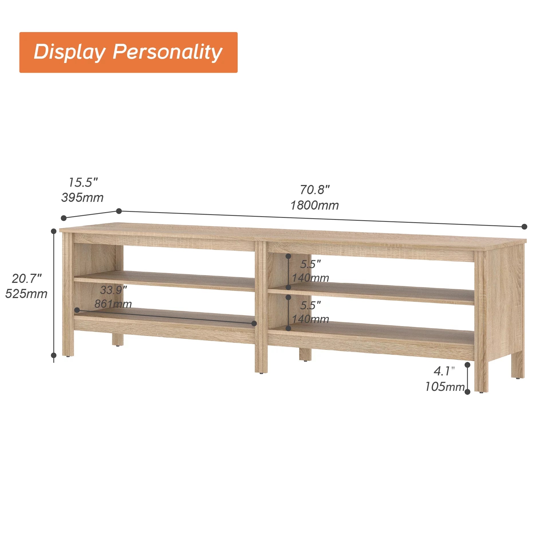 TV Stand, with Open Shelves for Living Room, Oak 70 Inch (Fits 75 Inch TV)