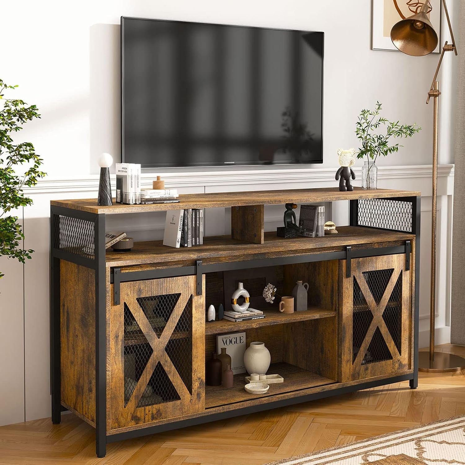 TV Stand with Sliding Barn Doors, Entertainment Center with Adjustable Storage Shelves, up to 65'', Rustic Brown