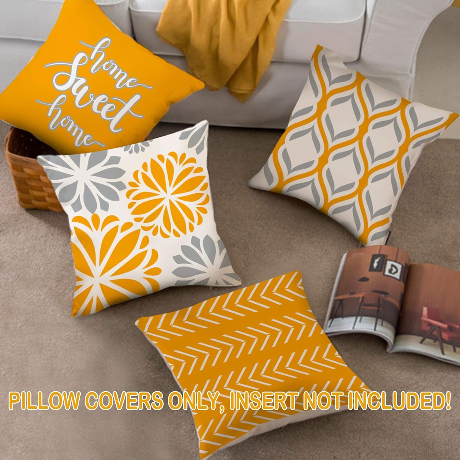 Yellow Pillow Covers 20X20, Yellow Gray Decorative Pillow Case Set of 4