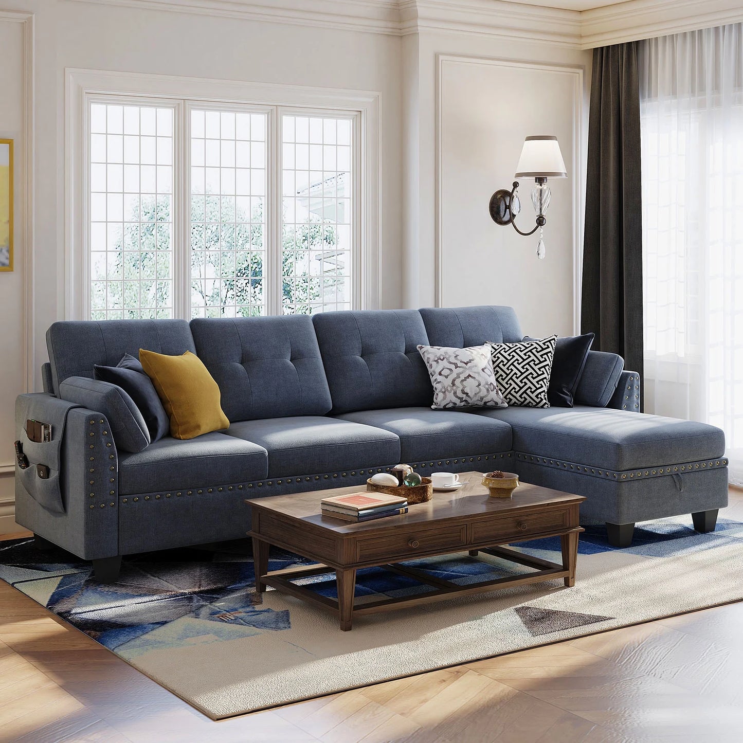 Convertible Sectional Sofa Couch L-Shape Couch with Reversible Chaise 4 Seat Sofa, Bluish Grey