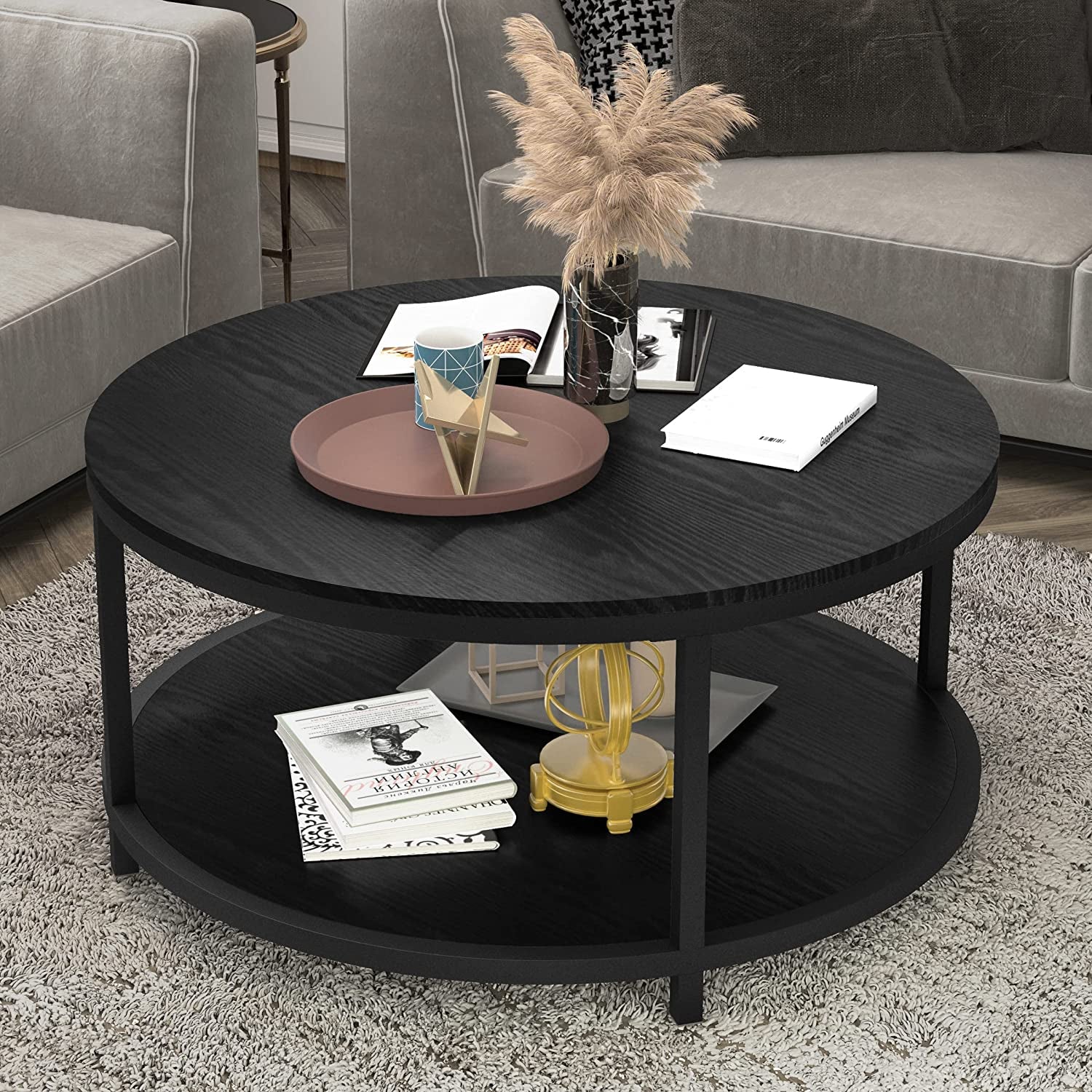 36 Inches round Coffee Table, Rustic Wooden Surface Top & Sturdy Metal Legs with Storage Open Shelf (Black)