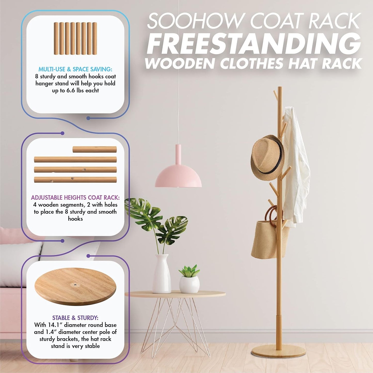 Coat Rack Freestanding, Hat Rack with 8 Hooks