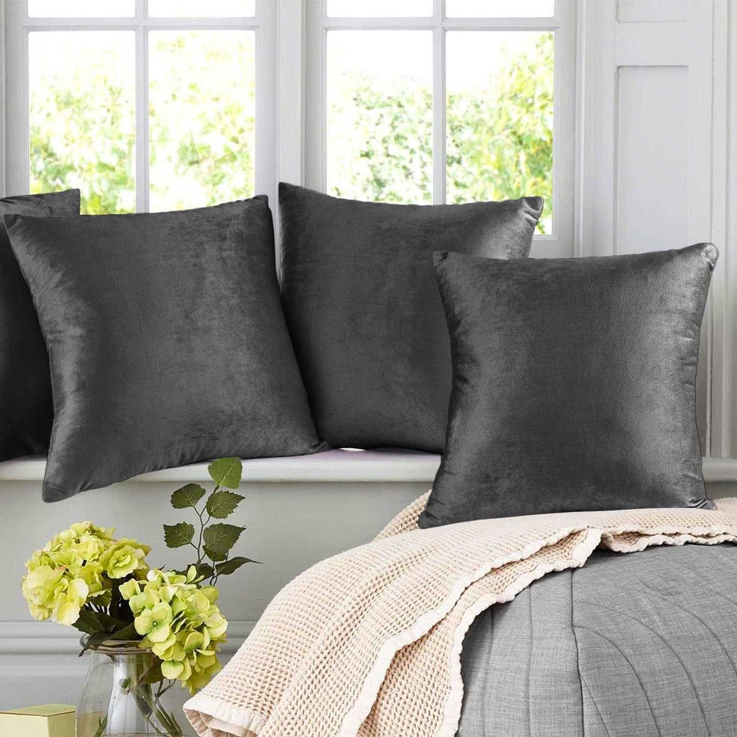 Throw Pillow Covers, Cozy Velvet Decorative Grey Pillow Covers 18 X 18 Inches, Set of 2