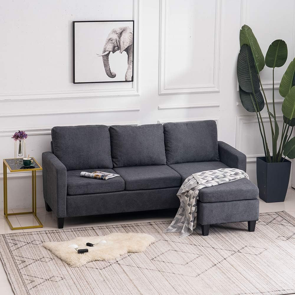 Convertible Sectional Sofa Small 3-Seater Sectional Couch L-Shape with Reversible Chais (Grey)