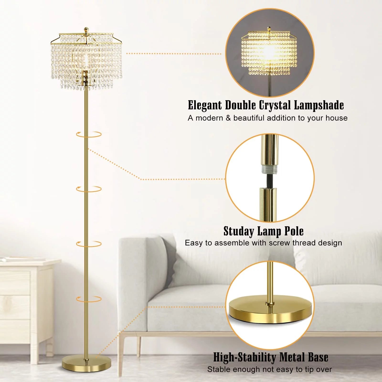 Crystal Floor Lamp Gold, Modern Double-Layer Lampshade, Elegant Standing Lamp with On-Off Foot Switch