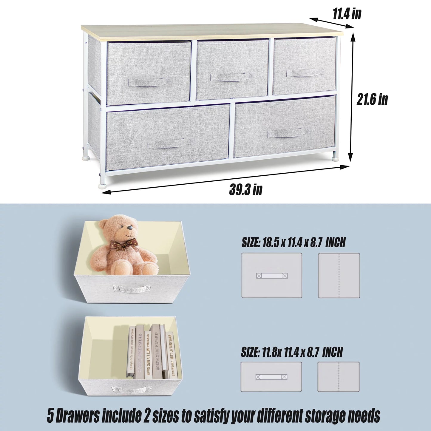 Dresser Storage Organizer, Fabric Dressers Steel Frame, Wood Top (Light Grey-5 Drawers)