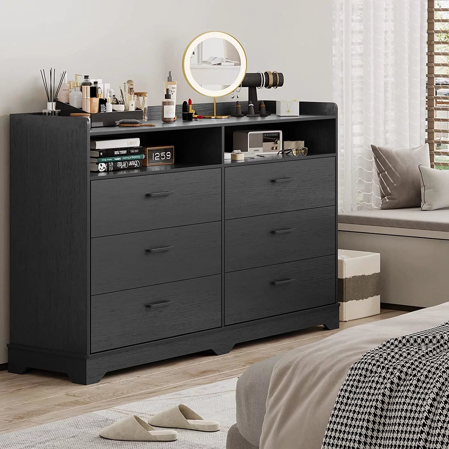 6 Drawers Dresser, 2 Open Cubby, Black