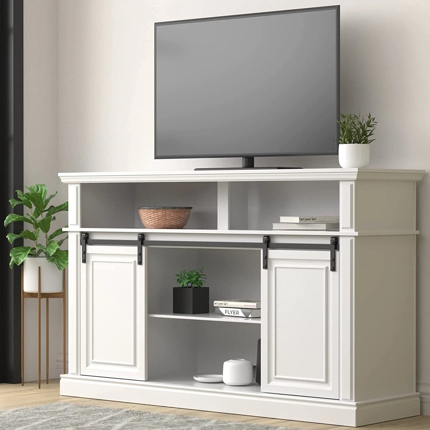 White TV Stand, Modern Farmhouse Barn Door Entertainment Center for 65" TV