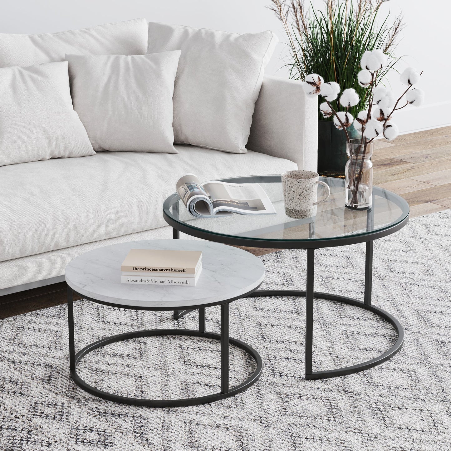 2pc Stella Coffee Table Set, Glass & Marble Finish, Marble/Glass/Black