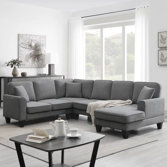 Convertible Modular Sectional Recliner, U Shaped Couch 7 Seat Fabric,Dark Gray