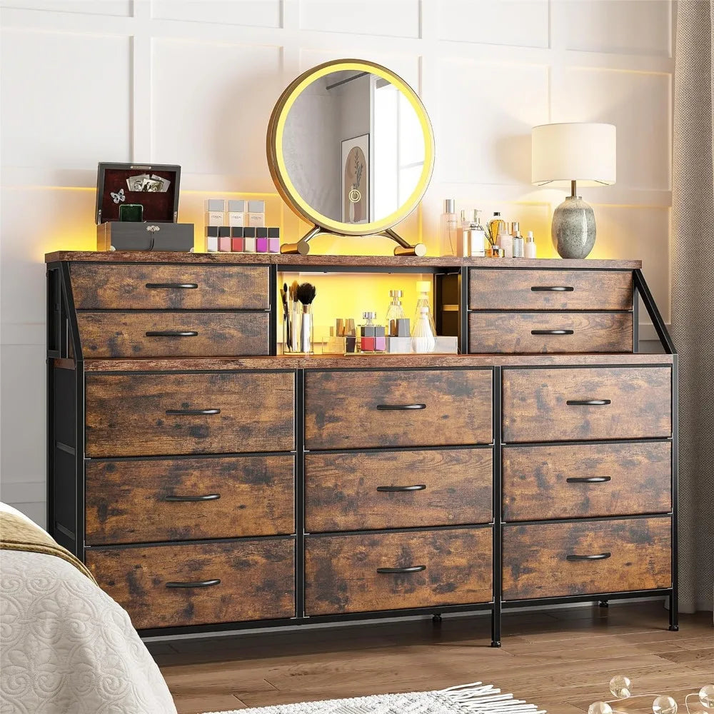 55”W Dresser with 13 Large Drawer, Dressers with 2 Shelves