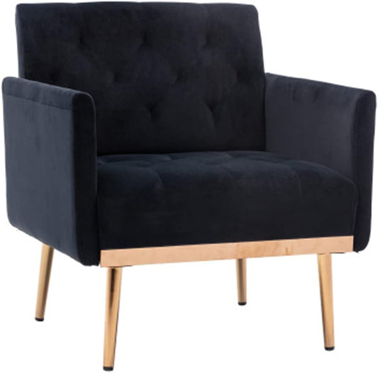 Square Velvet Accent Chair, Golden Metal Leg Single Sofa Chair, (BLACK)