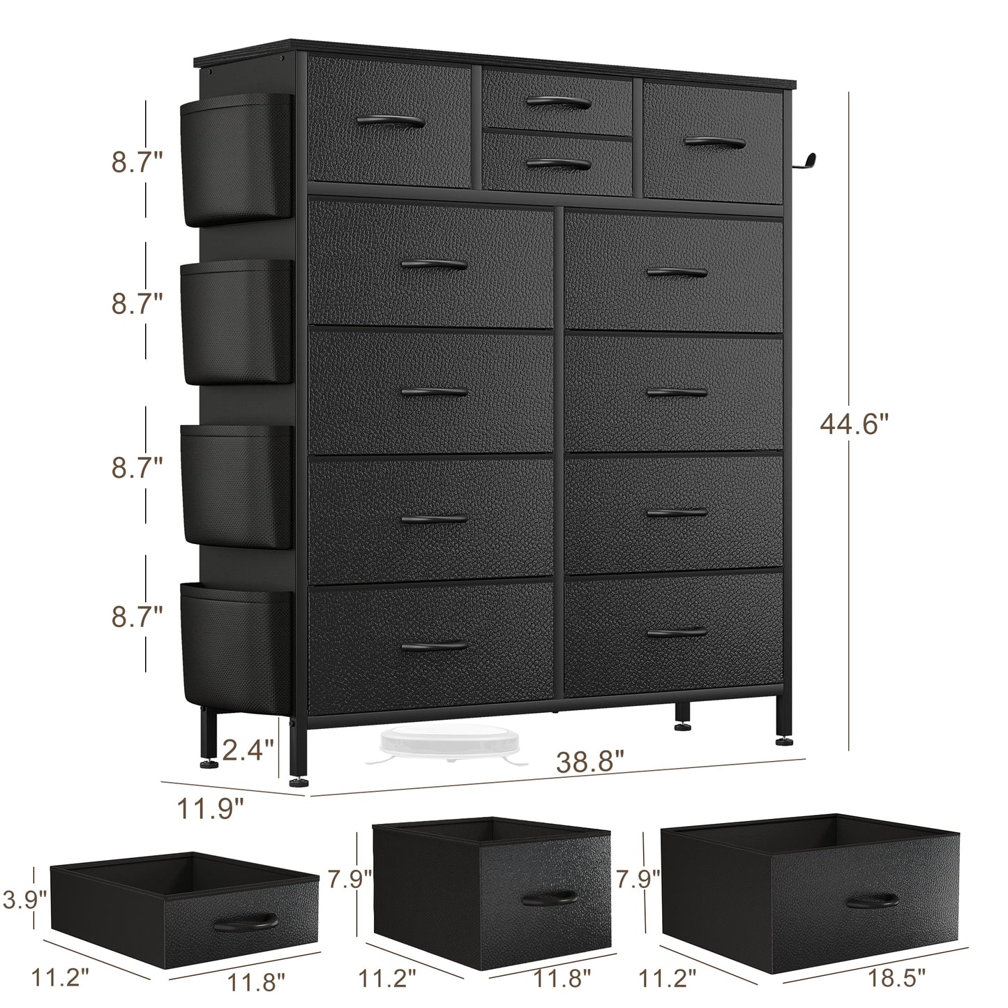 12 Drawer Dresser, Black Dresser Chest of Drawers with Side Pockets and Hooks, Black