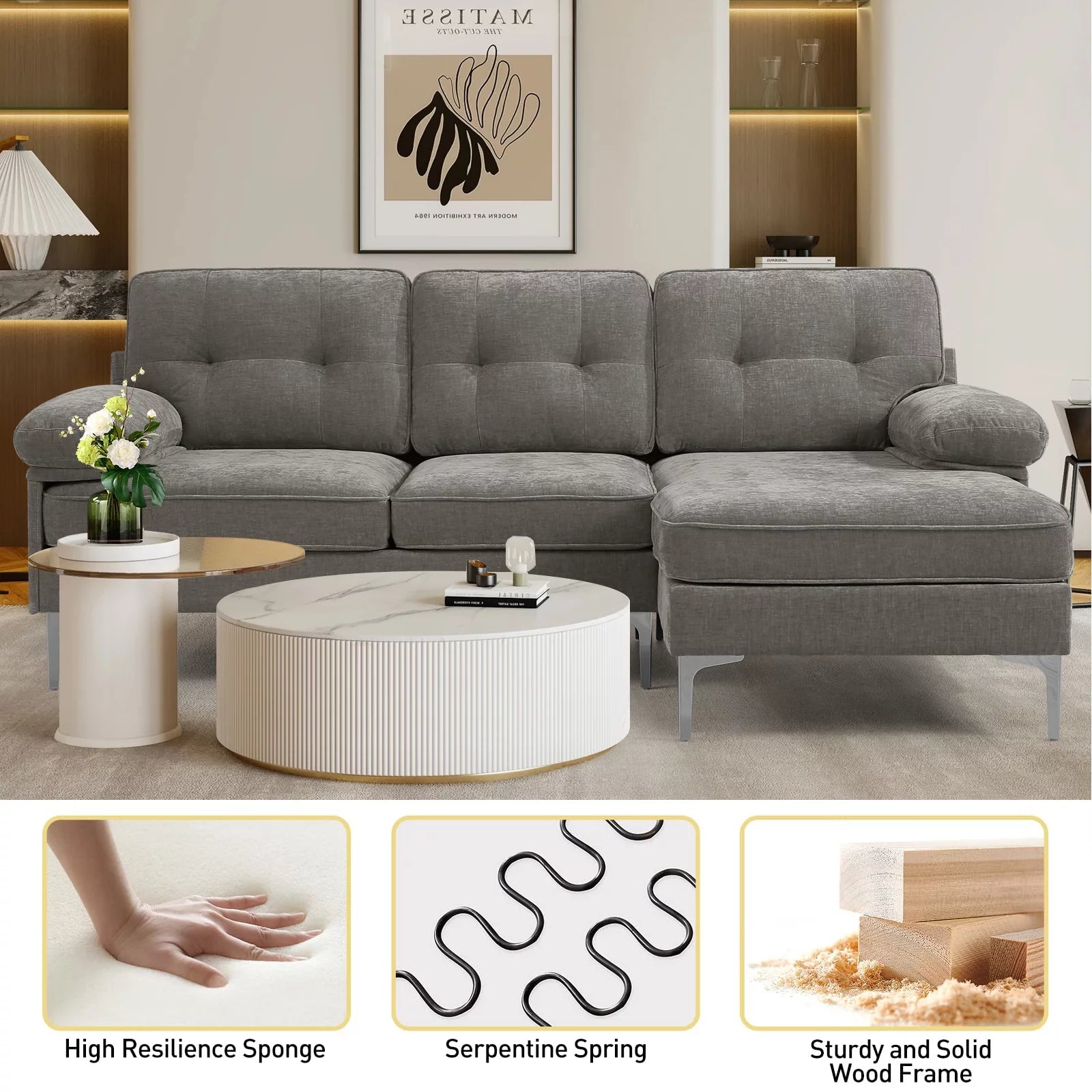 Convertible Sectional Sofa Couch, Convertible L Shaped Couch with Reversible Chaise, 3 Seater, Gray