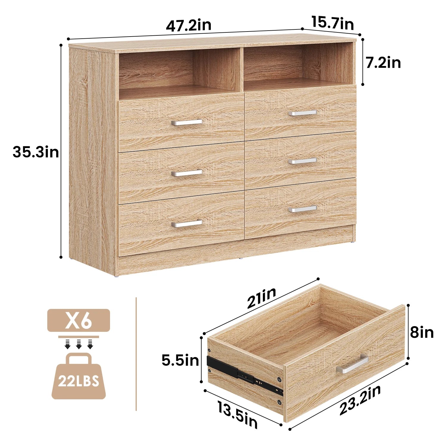 6 Drawers Dresser, 2 Open Cubby, Light Oak