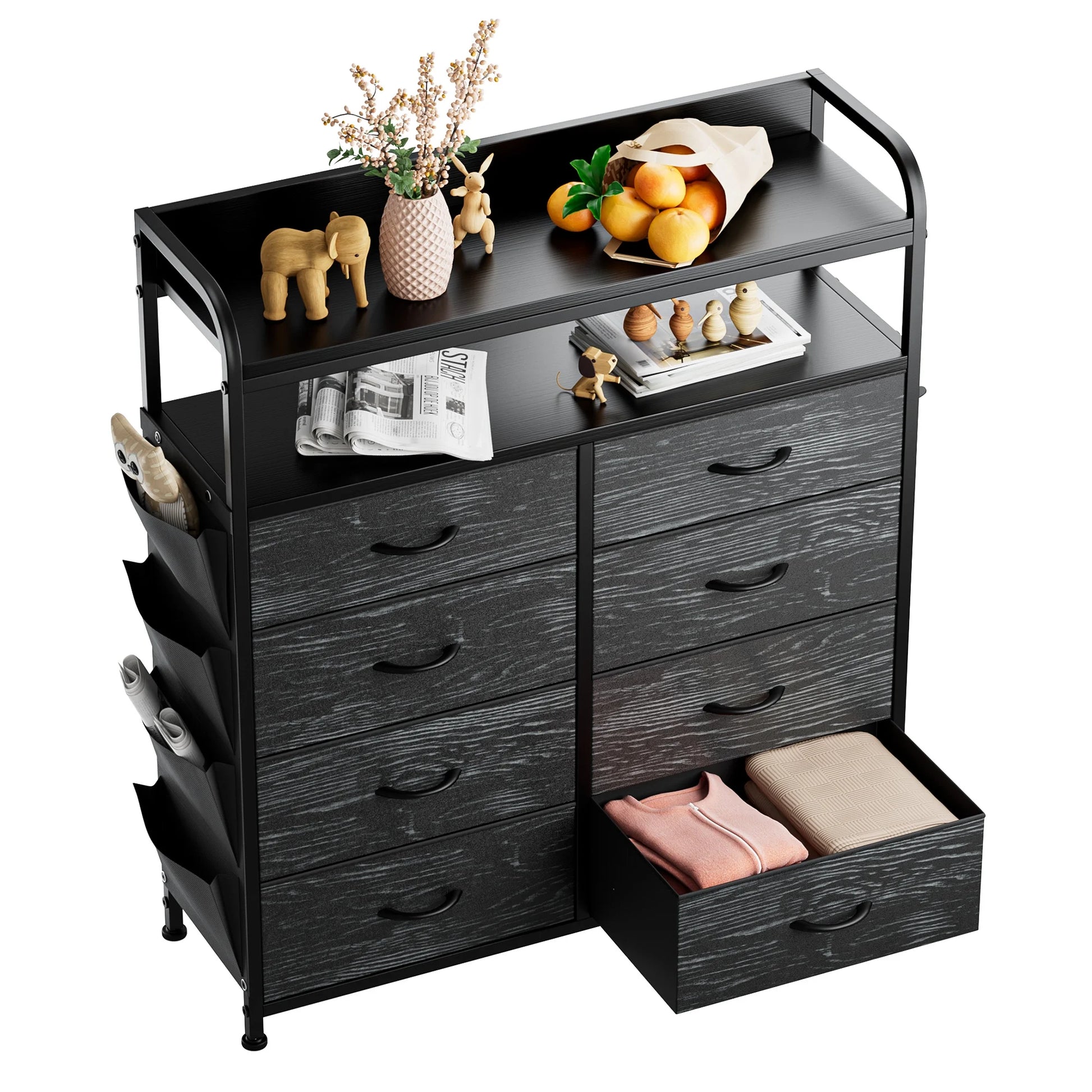 8 Drawer Dresser, Chest of Drawers, with Side Pockets and Hooks, Black