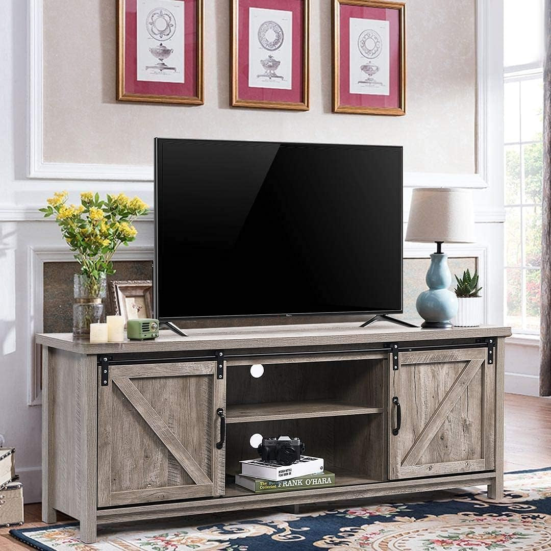 Farmhouse TV Stand with Sliding Barn Doors Entertainment Center for 65 Inch TV, Rustic Gray Wash