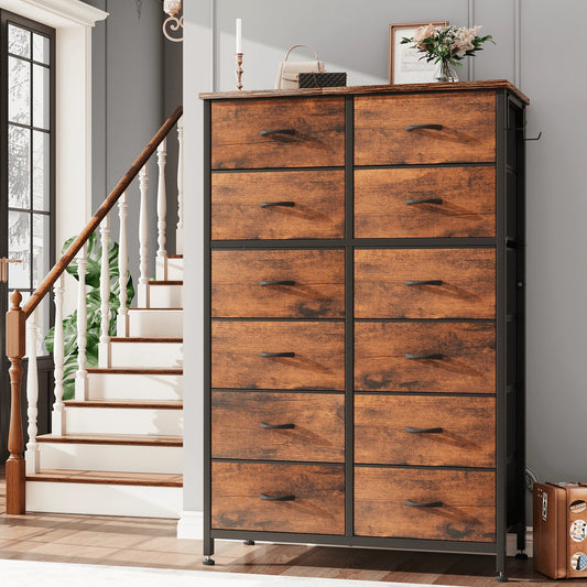 12 Drawer Chest, Tall Dresser, Steel Frame and Wooden Top Brown