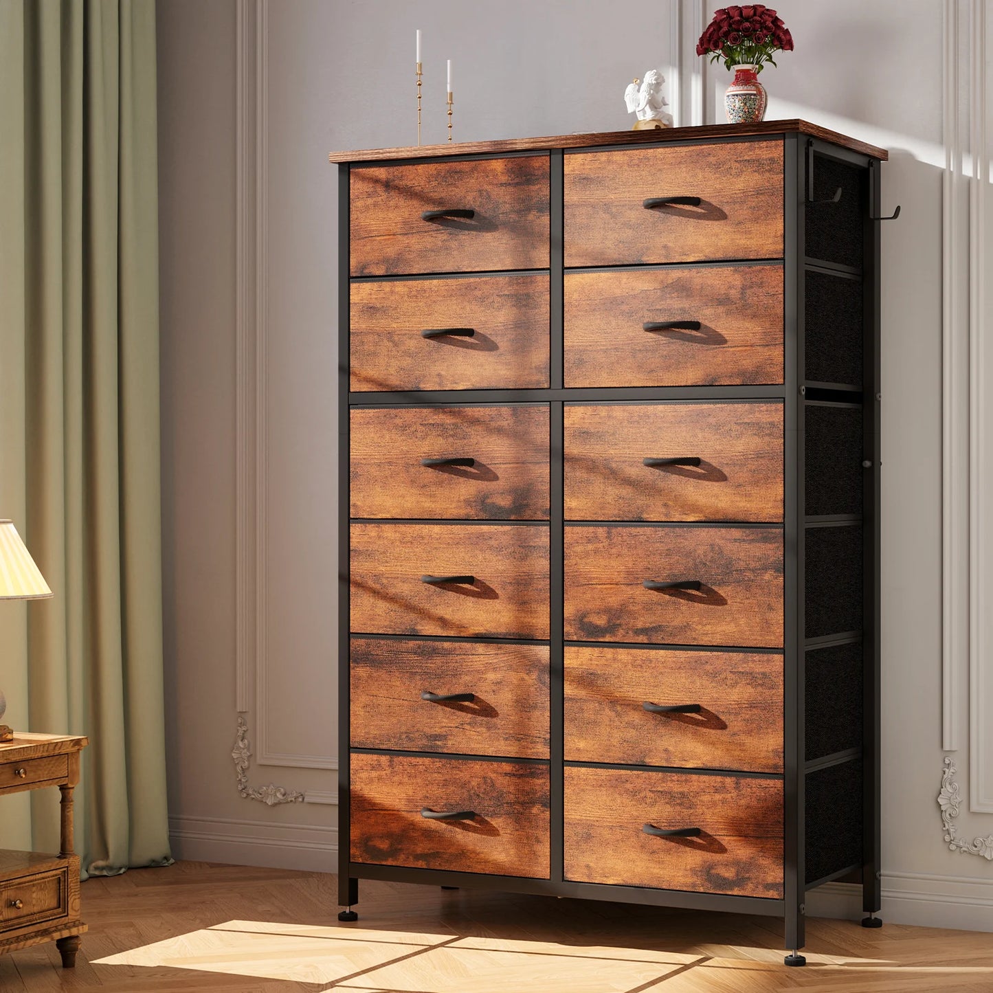 12 Drawer Chest, Tall Dresser, Steel Frame and Wooden Top Brown