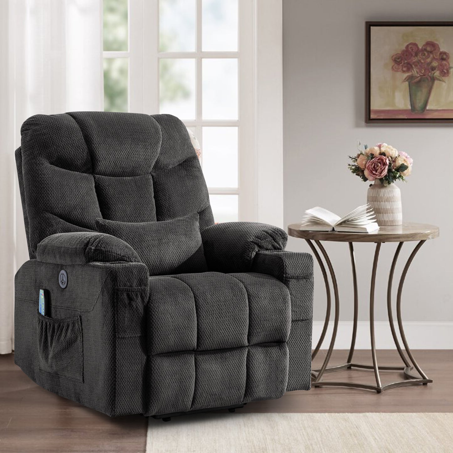 Power Lift Recliner Chairs Velvet Electric Vibration Massage Heat Remote Control USB Port Dark Gray