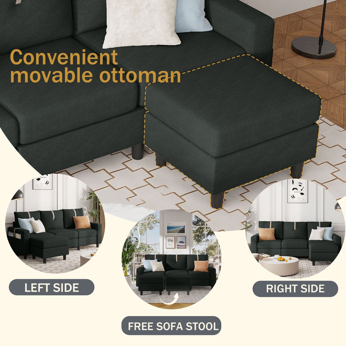 Sherpa Sectional Sofa with Footstool, Black