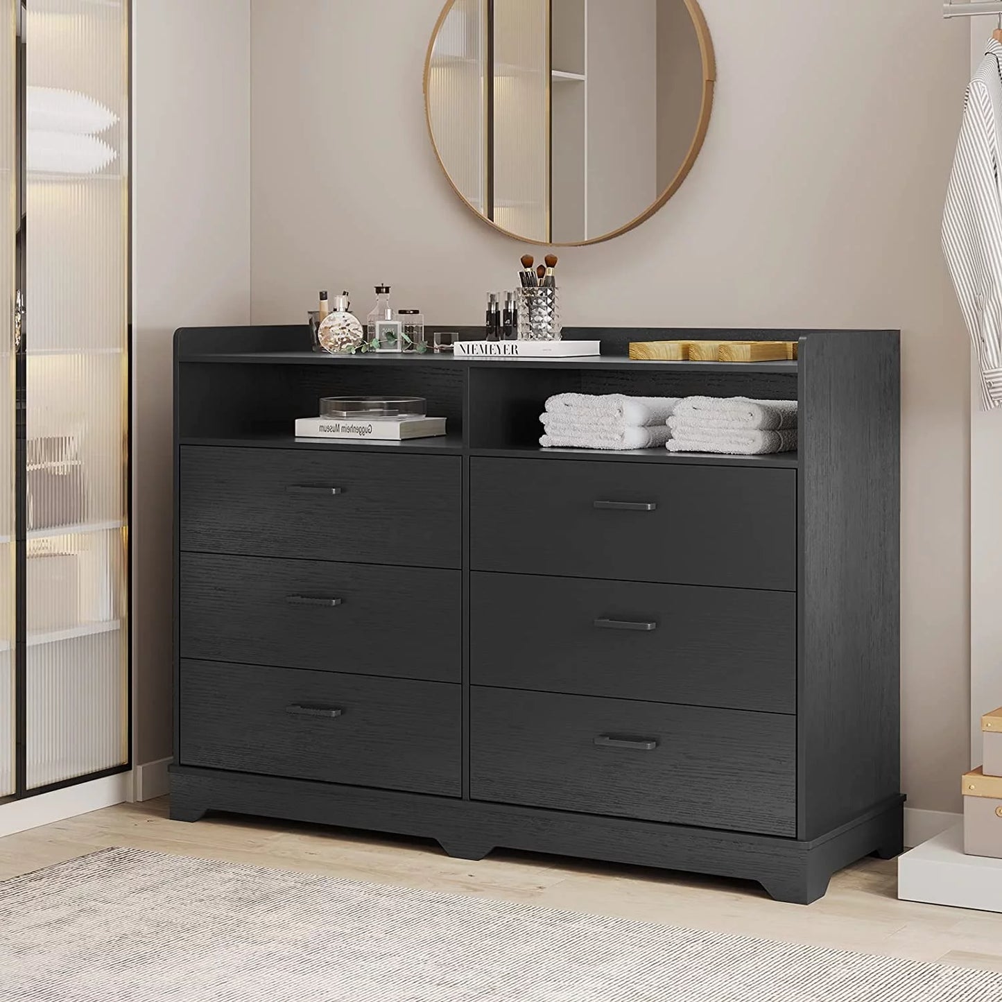 6 Drawers Dresser, 2 Open Cubby, Black