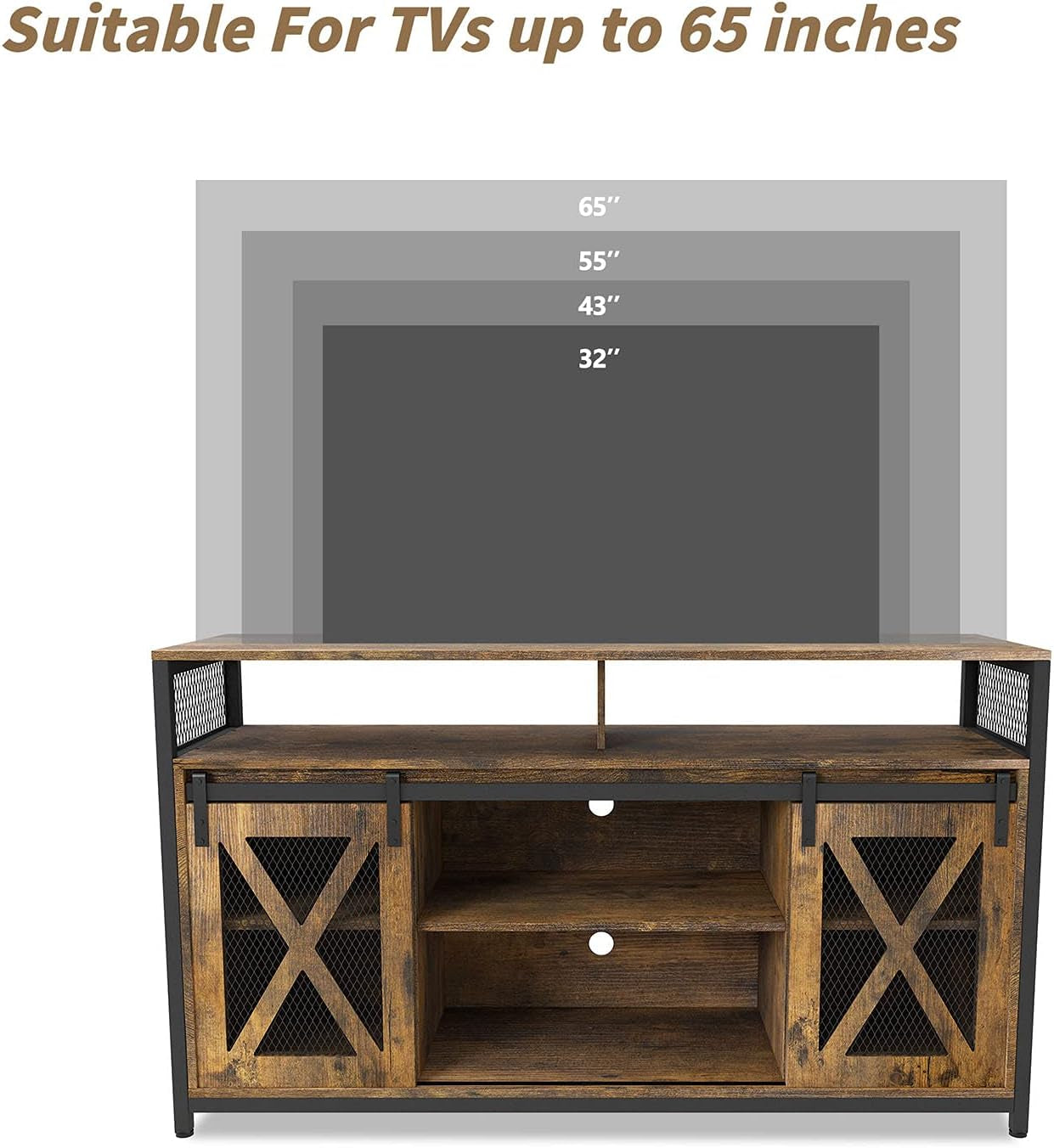 TV Stand with Sliding Barn Doors, Entertainment Center with Adjustable Storage Shelves, up to 65'', Rustic Brown