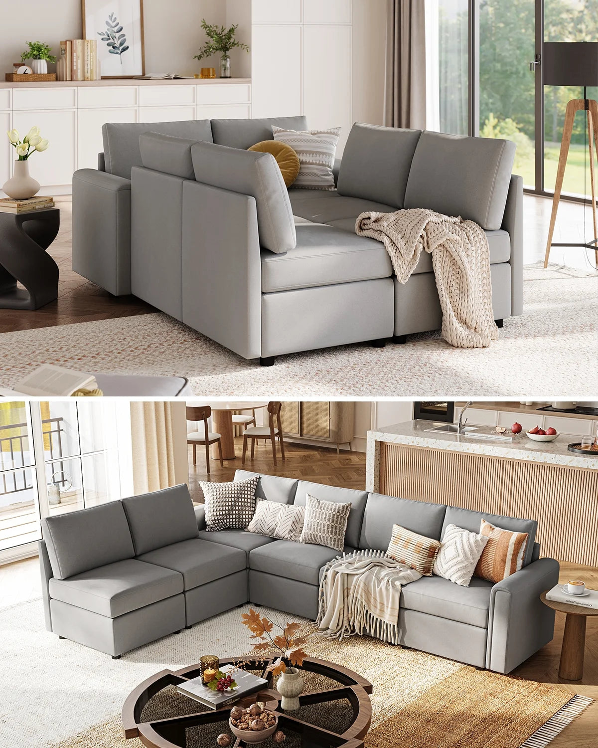 Modular Couches and Sofas Sectional with Storage, 6 Seat Sectional Sofa for Living Room, U Shaped Sectional Couch with Reversible Chaises, Light Gray