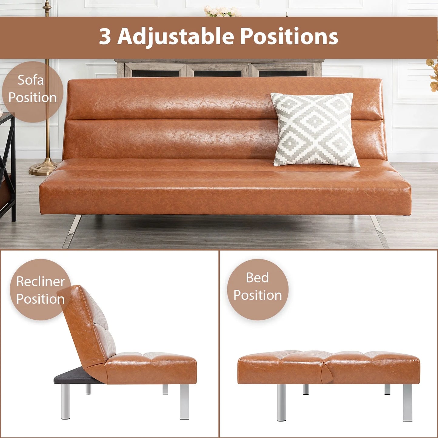 Faux Leather Futon Couch, Chrome Legs, Reclining Mini Couch - Caramel