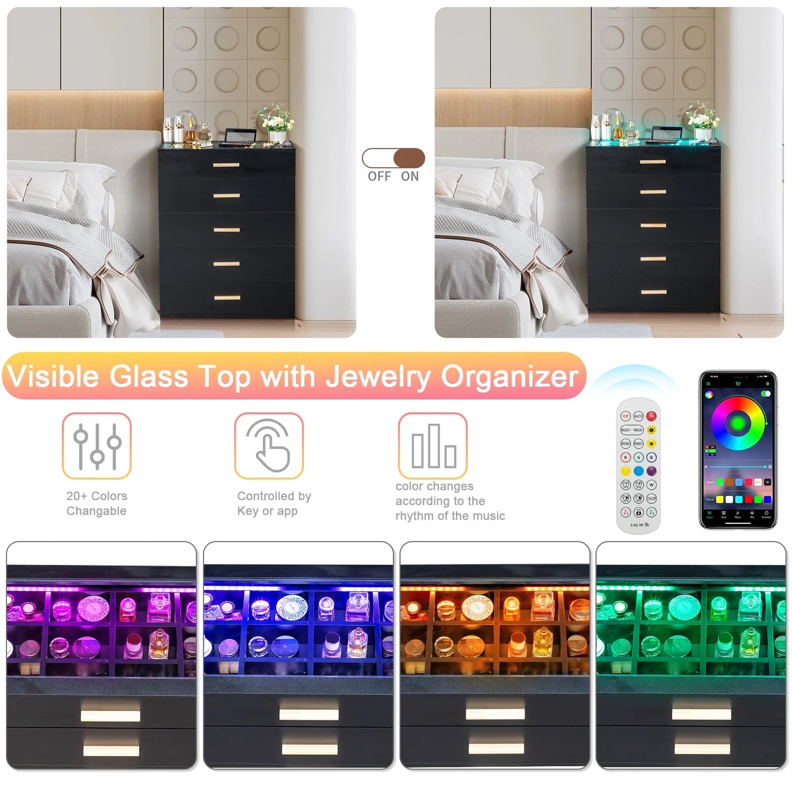 Black Chest with LED Lights, 5 Drawer with Tempered Glass Top, Grid Drawer