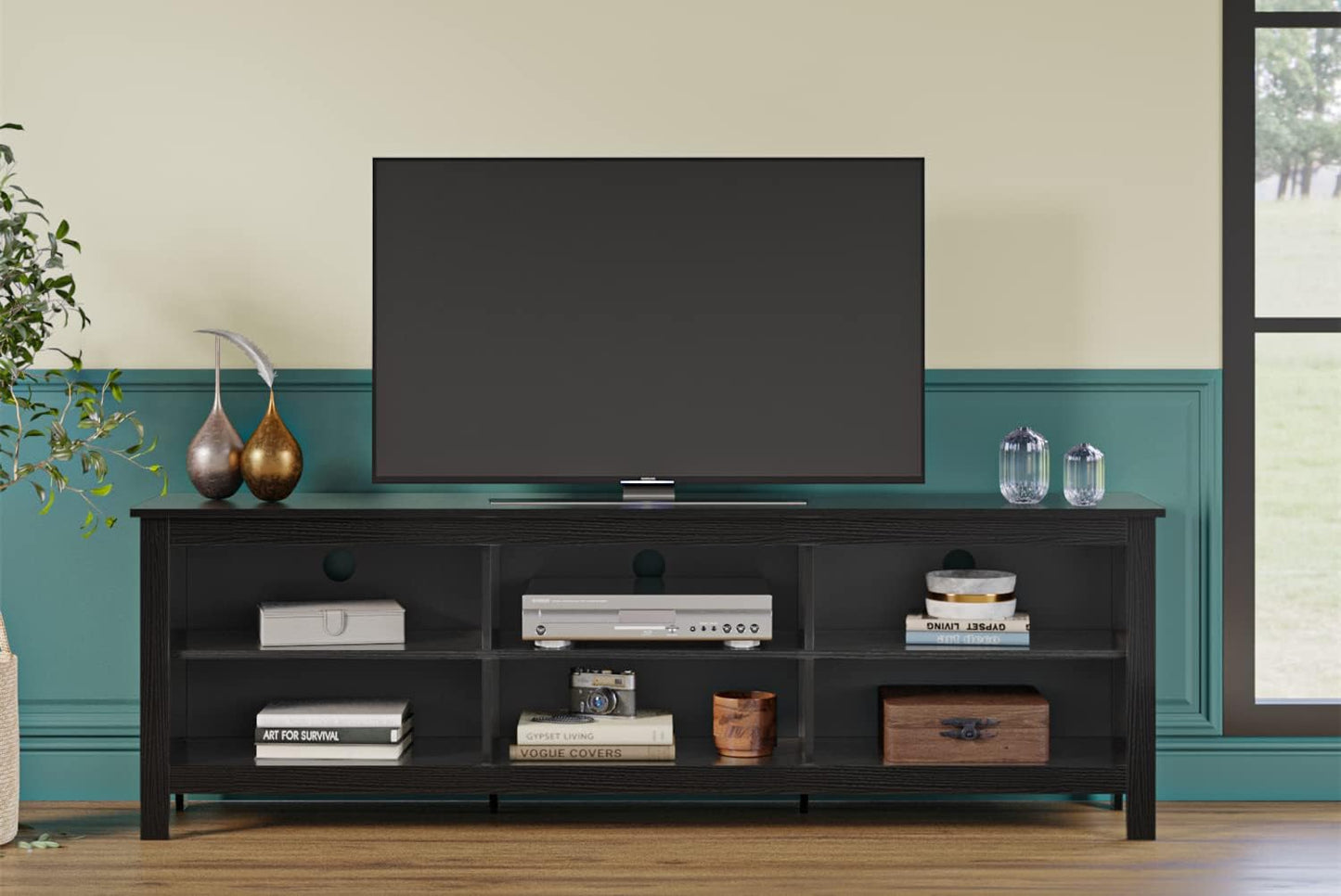 TV Stand, 6 Open Media Storage for Tvs up to 80 Inches, (70 Inches Black)