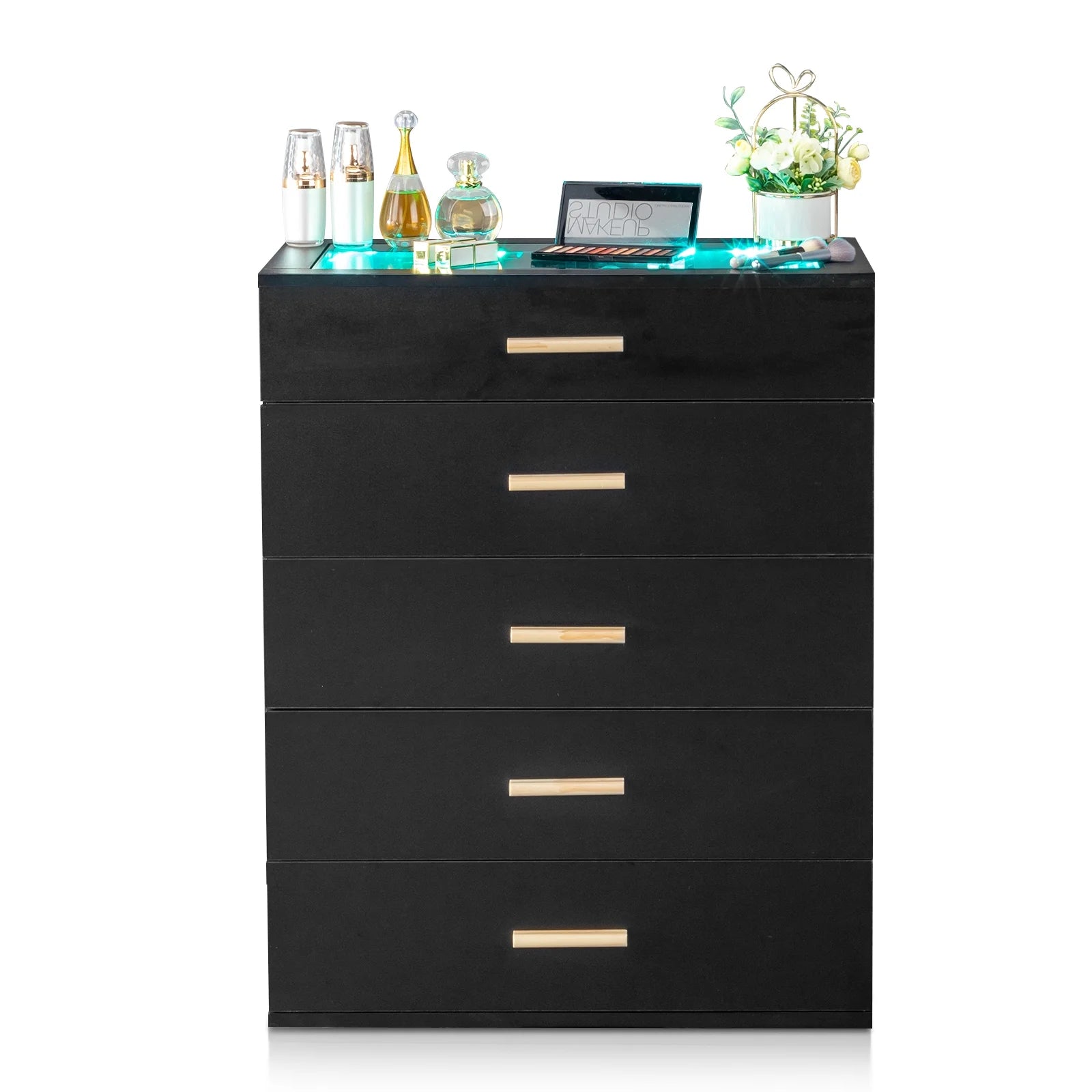 Black Chest with LED Lights, 5 Drawer with Tempered Glass Top, Grid Drawer