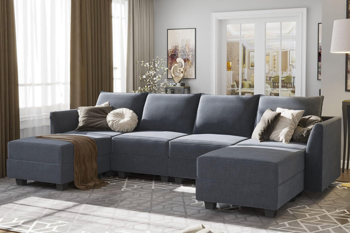 Modular Sectional Sofa U Shaped with Reversible Chaise with Storage, Bluish Grey