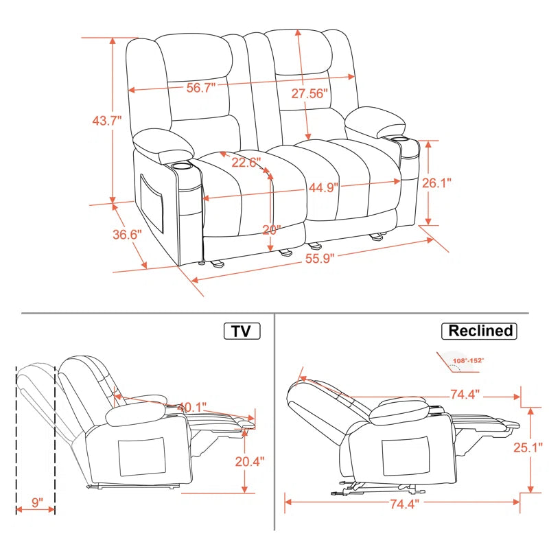 Electric Reclining Loveseat Sofa with Heat and Massage, Fabric Power Loveseat Recliner