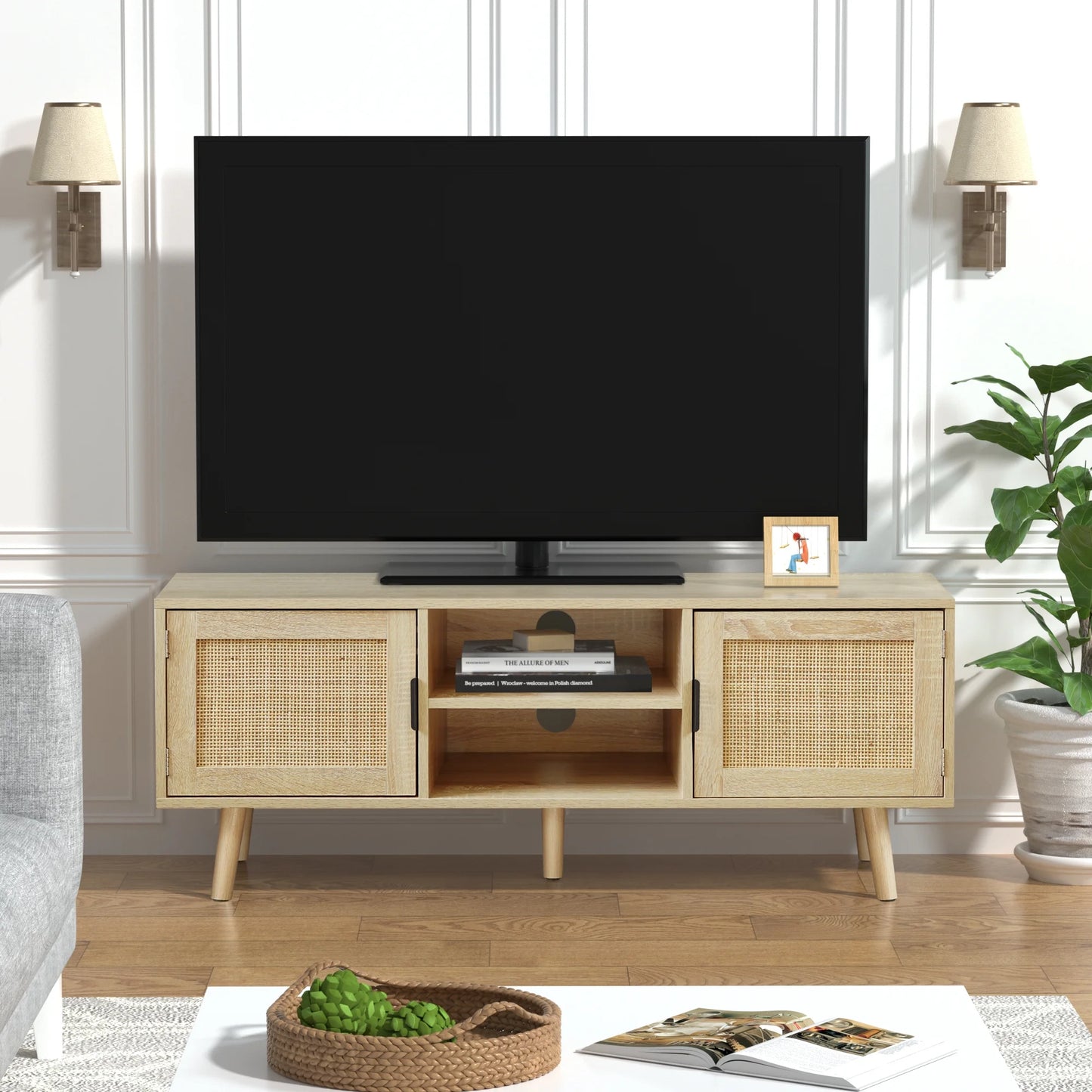 Farmhouse TV Stands for 55 Inch Tv,Wood Media Entertainment Center Cabinet Console Table with 2 Rattan Doors, Natural Oak